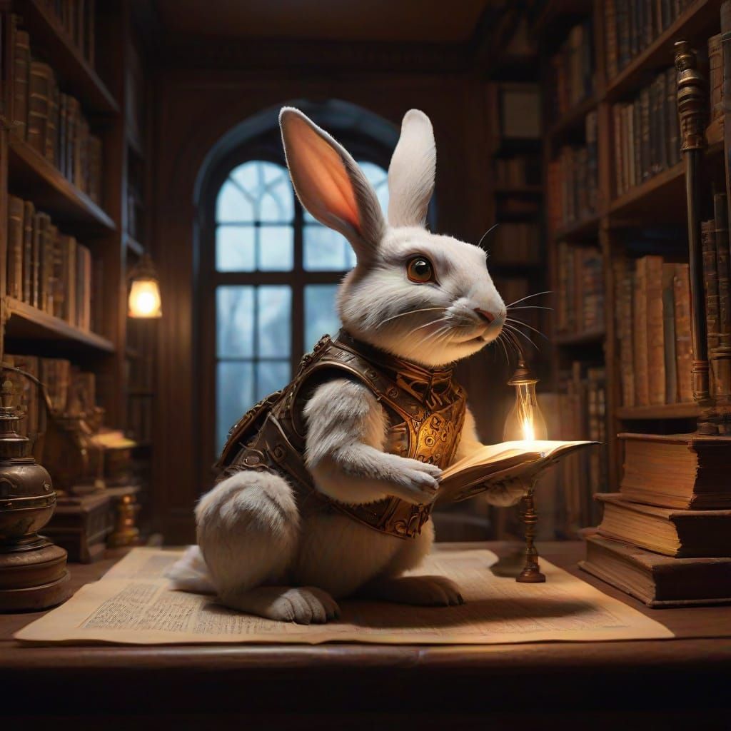 Steampunk Automaton Rabbit Explores Victorian Library