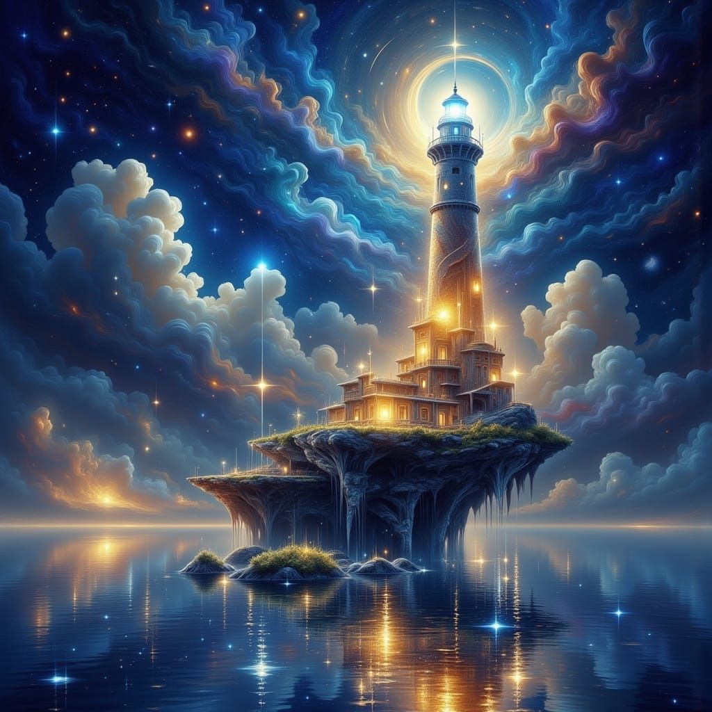 Fantasy Lighthouse on Floating Island in Nebula