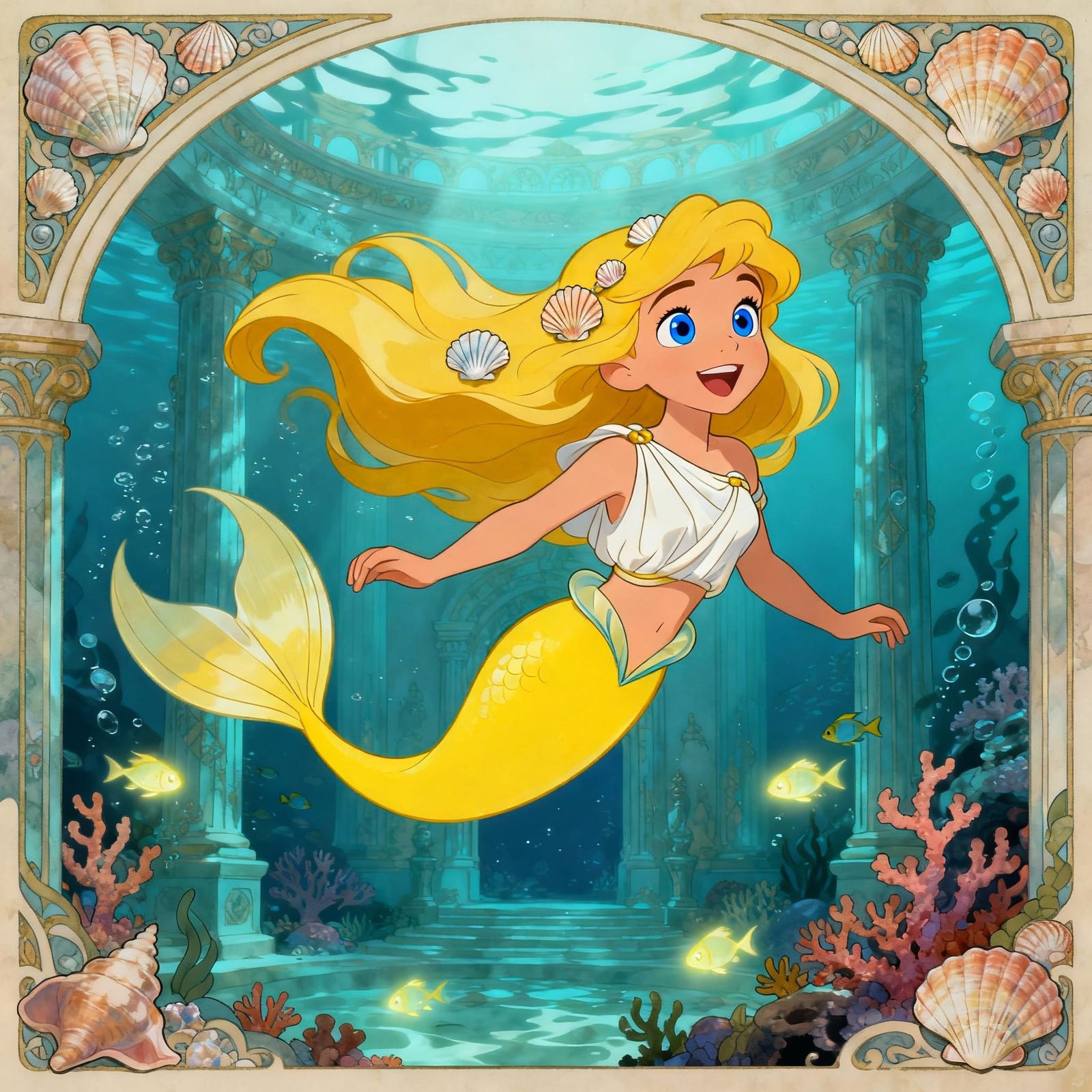 Joyful Mermaid Thetis in Underwater Palace, Disney Animation...