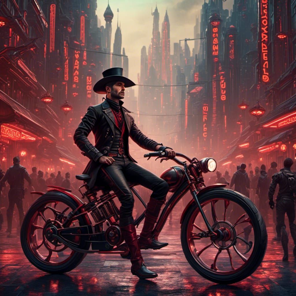 Steampunk Cyclist in Busy City with 3D Shading