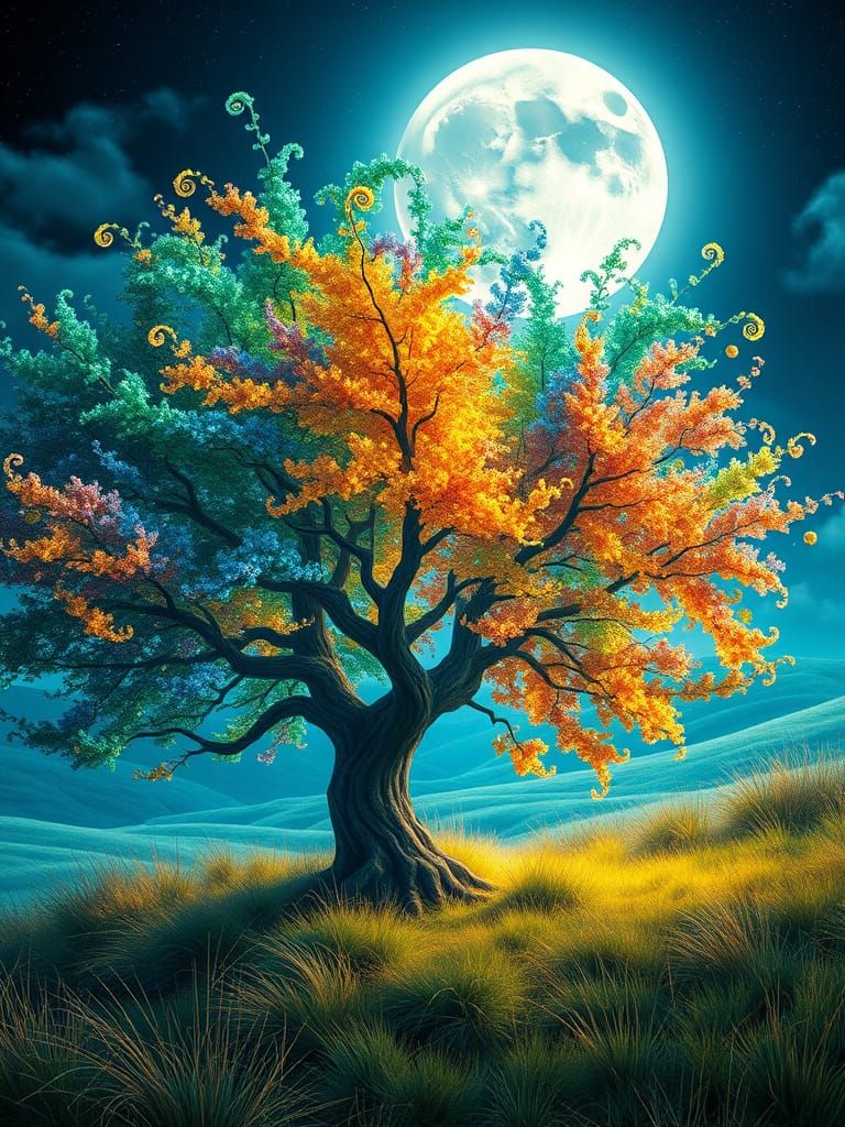 Surreal Emerald Tree in Hyperrealistic Dreamscape