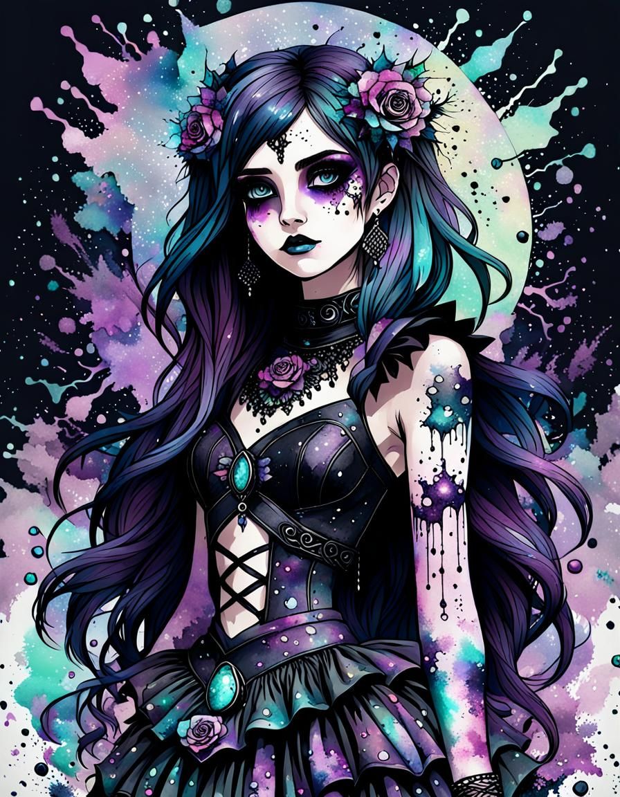 Pastel Goth Goddess of Crystals with Ink Splatters
