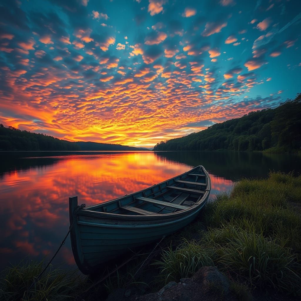 Hyperrealistic Lakeside Boat Reflecting Vibrant Skies