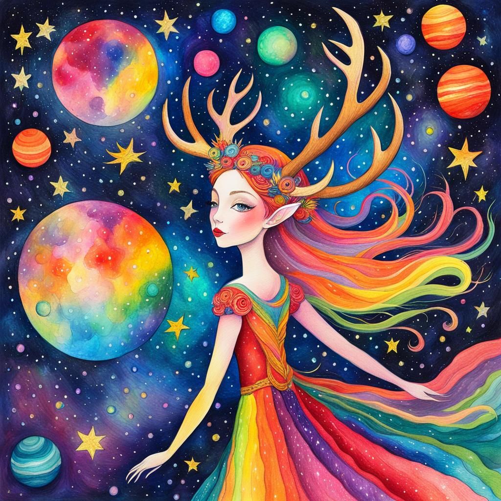 Fairy Goddess in Crayon Cosmic Landscape
