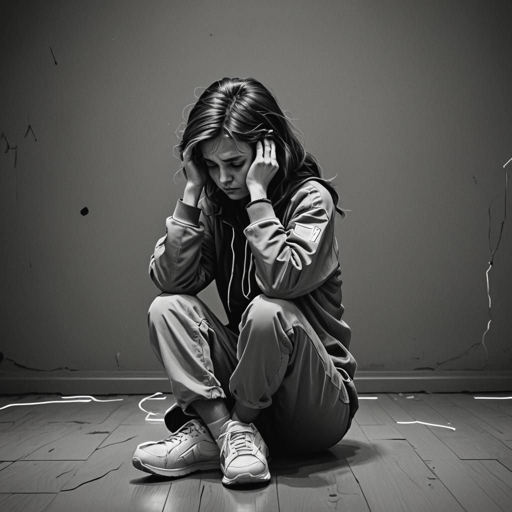 Depressed Woman in Grayscale Synthwave Style