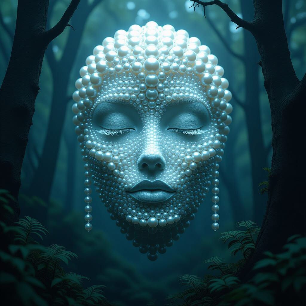 Surreal Pearl Face in Dark Forest Mist