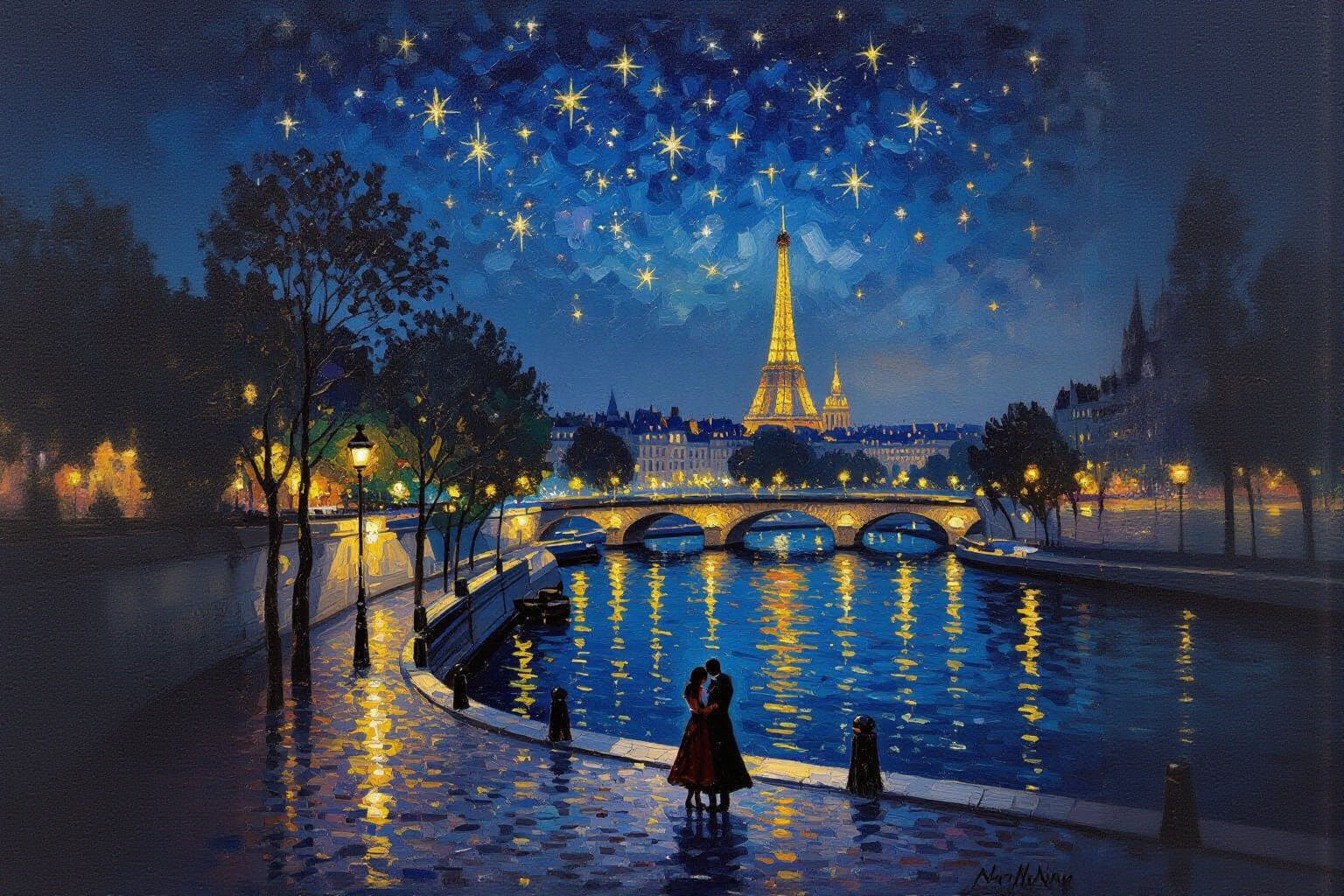 Parisian Night Oil Painting of Seine River Romance