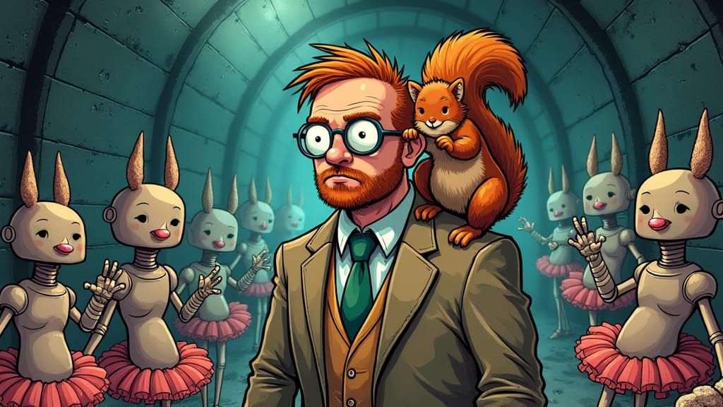 Eric Fruit looking dazed as he and Fletcher the squirrel cha...