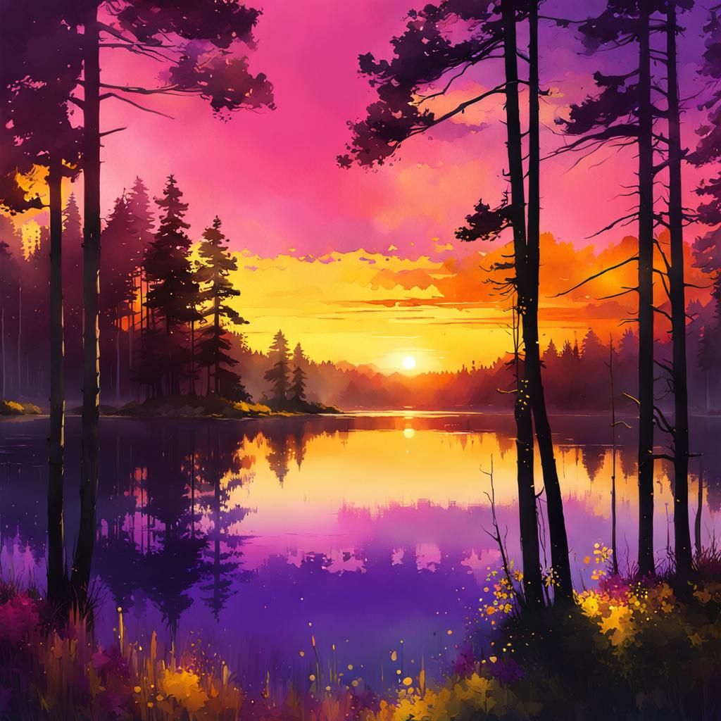 Sunset Over Glitchy Lake as Watercolor Painting