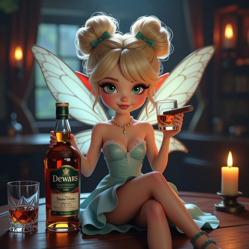Cute Fairy on Scotch Bottle in Cozy Pub
