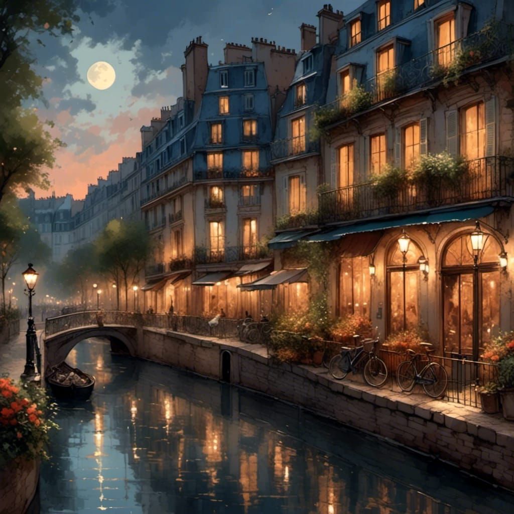 Paris Canals at Twilight in Ash Thorp Style