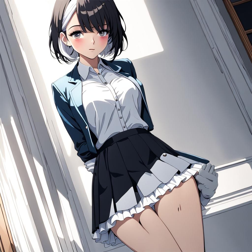 Woman with Two-Tone Hair in Pleated Skirt