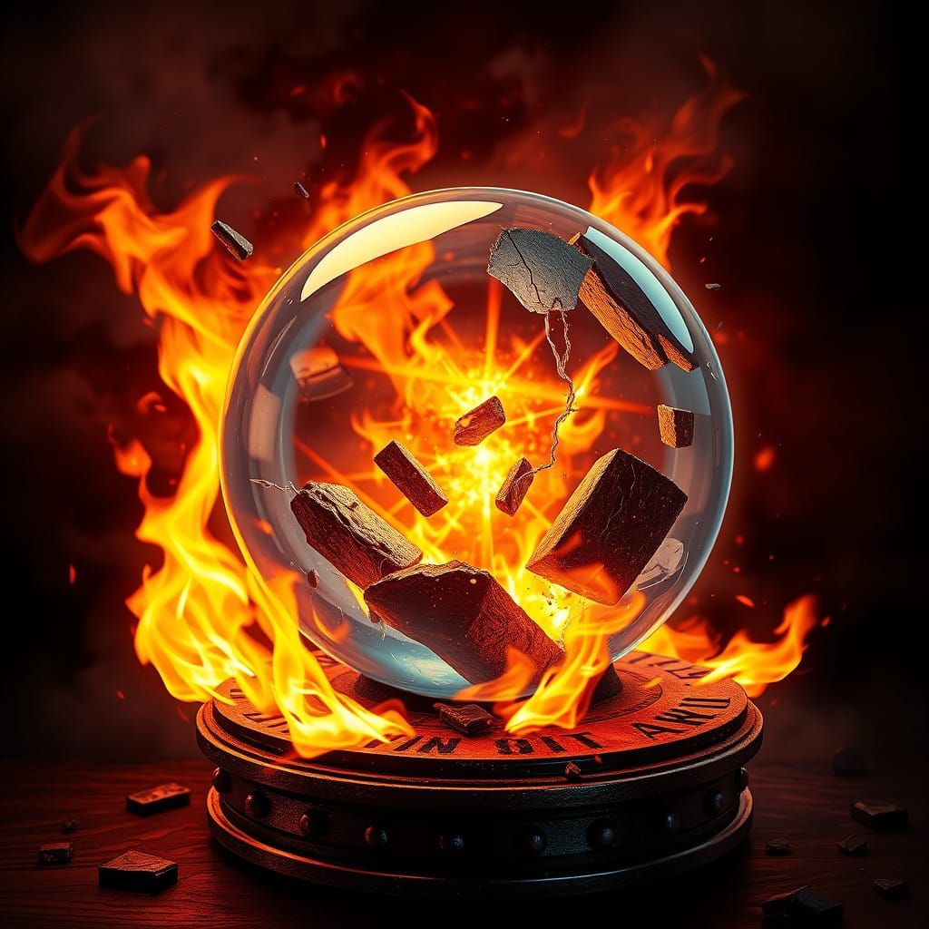 Vintage Magic Eight Ball Engulfed in Blazing Inferno