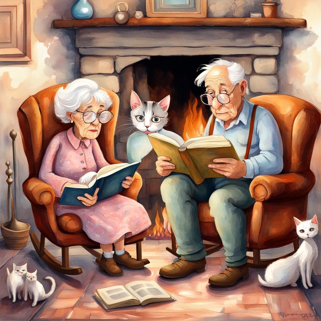 Grandparents Reading: Whimsical Watercolor Cartoon