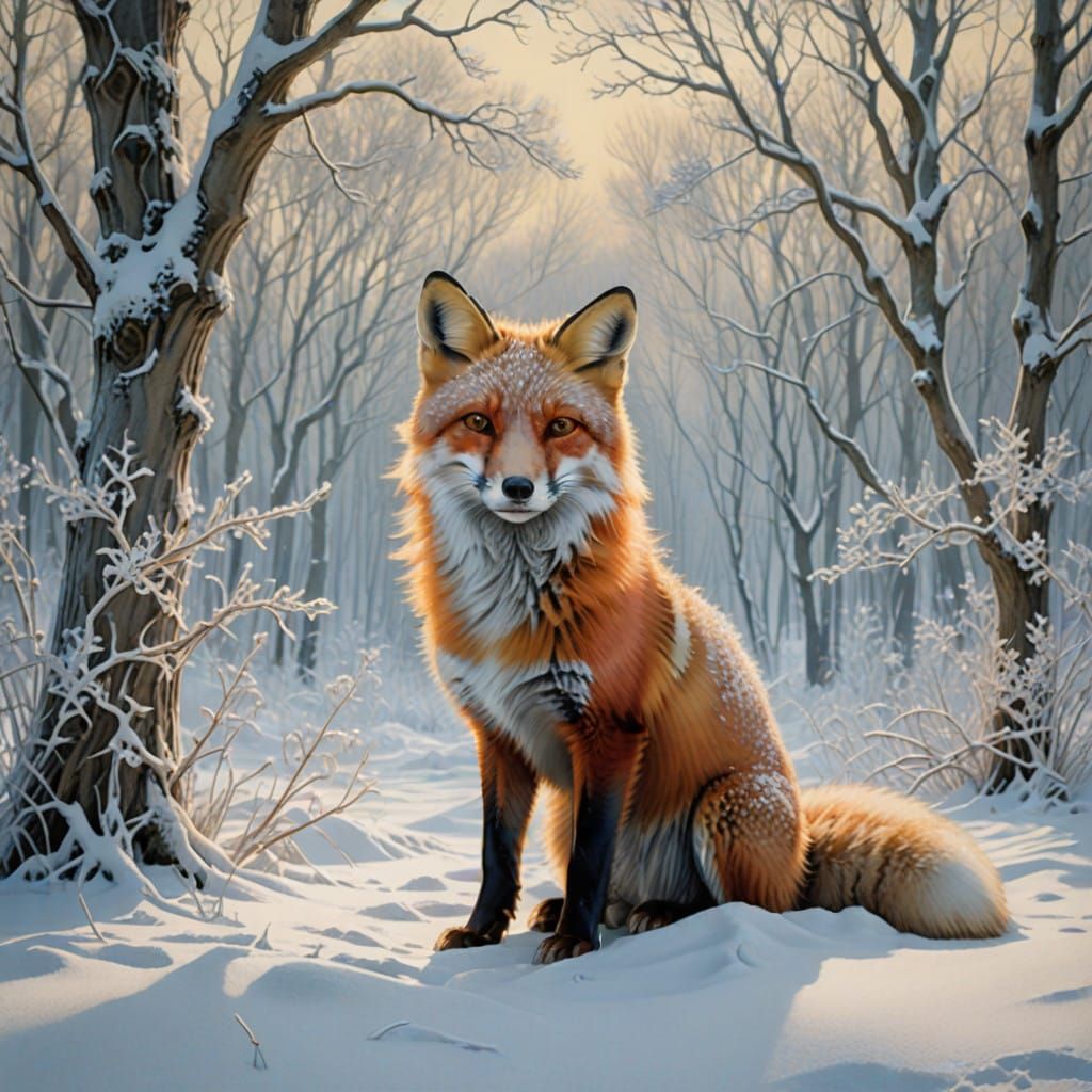 Regal Red Fox in Serene Snowy Scene with Delicate Snowflakes