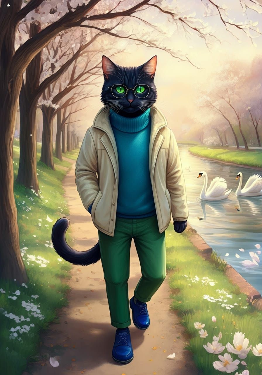 Whimsical Feline Riverbank Stroll in Vibrant Spring Colors