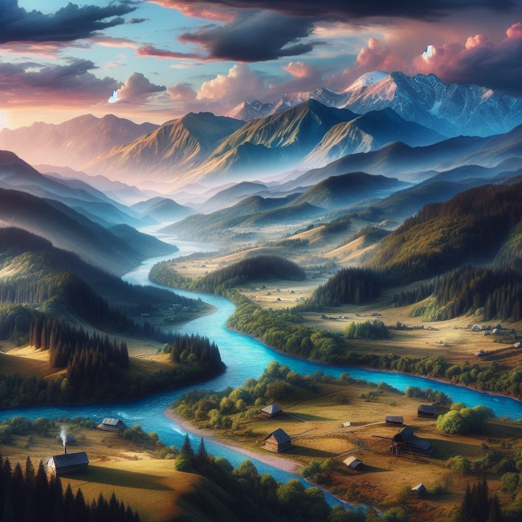 Expansive Landscape Matte Painting at Sunset