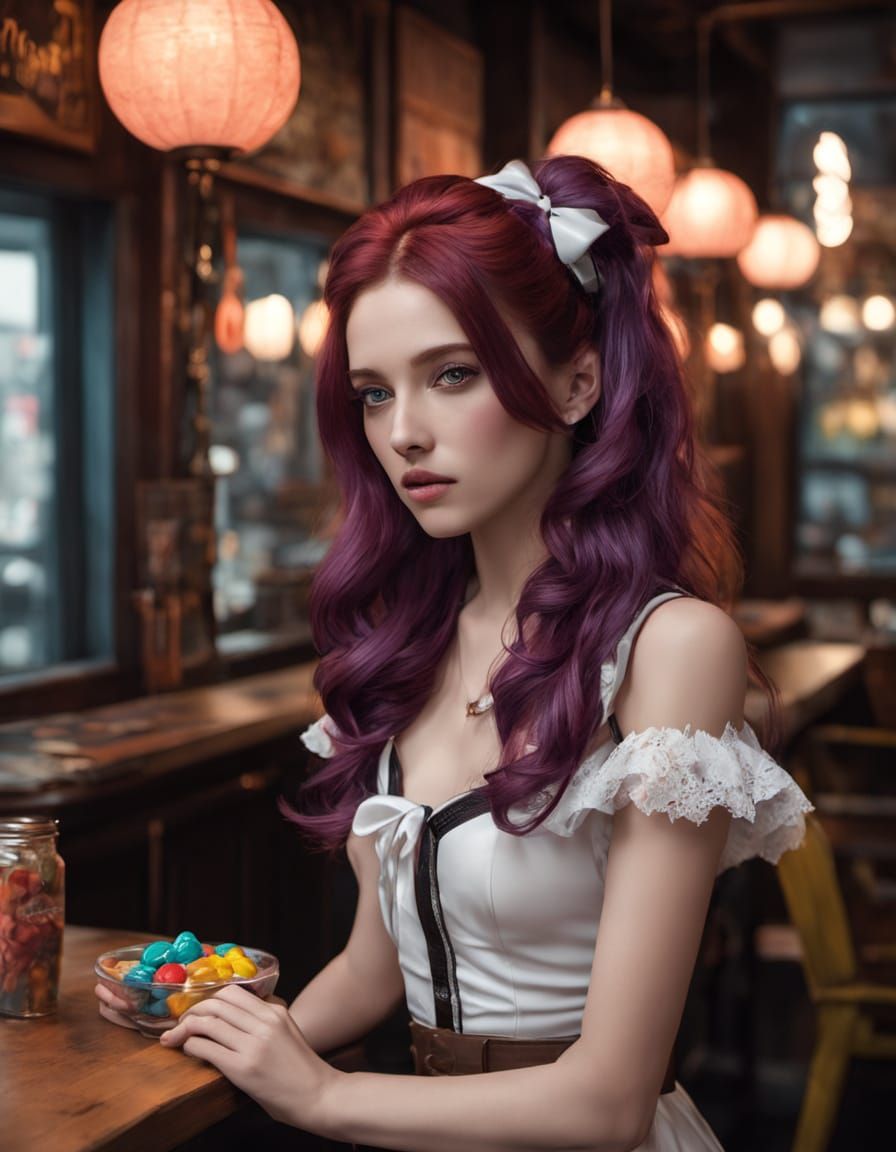 A 25 year old woman with very long, flowing red hair styled ...