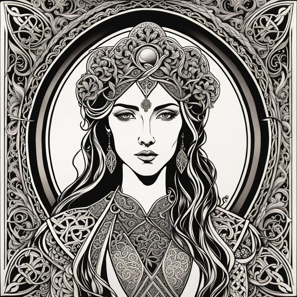 Celtic Goddess with Filigree, Vintage Art Style