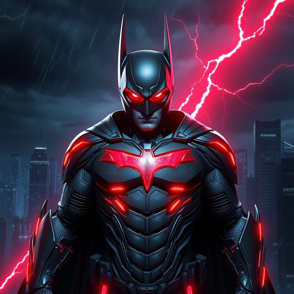 Futuristic Neo-Batman in Cyberpunk Cityscape