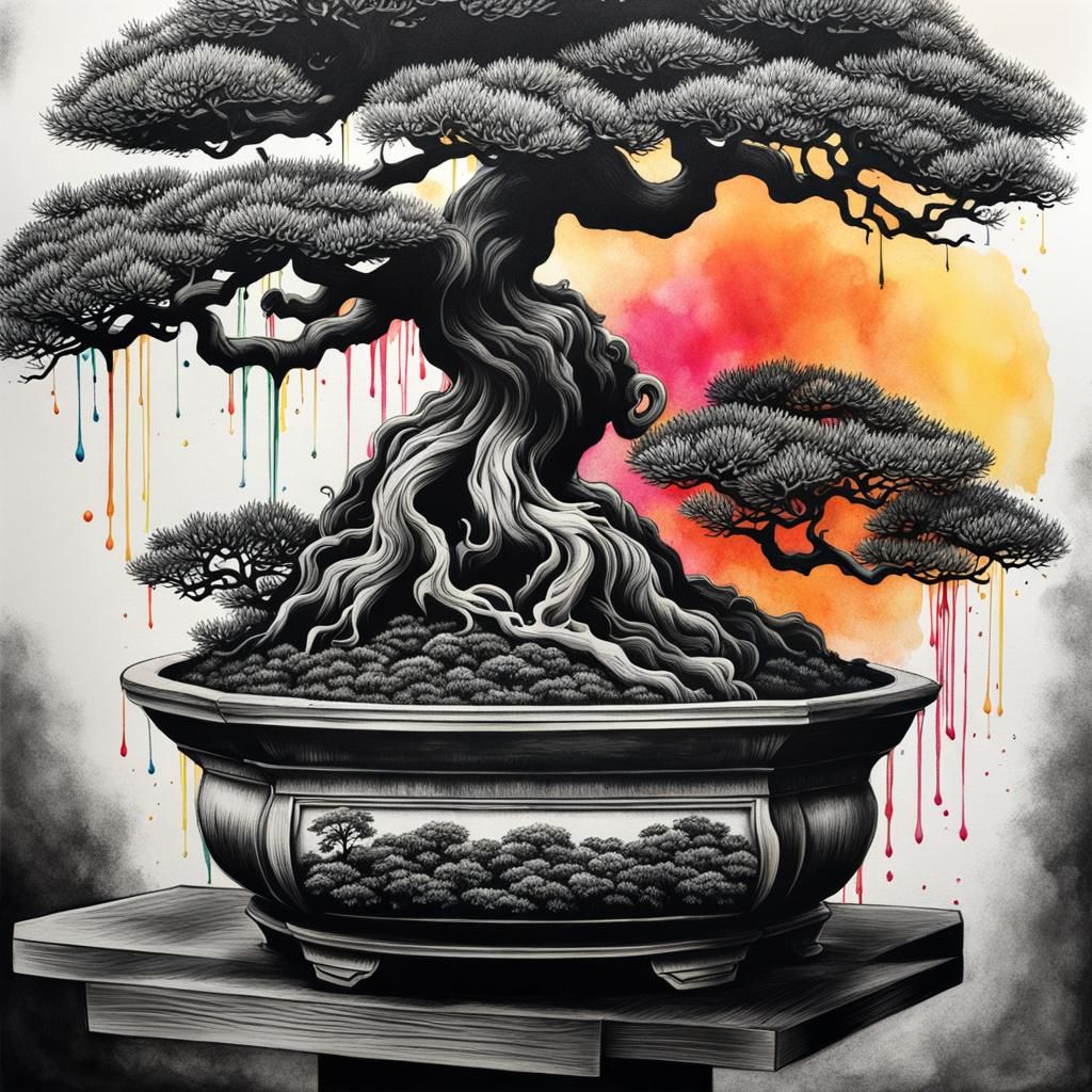 Bonsai Tree Ink Drawing with Graffiti Art