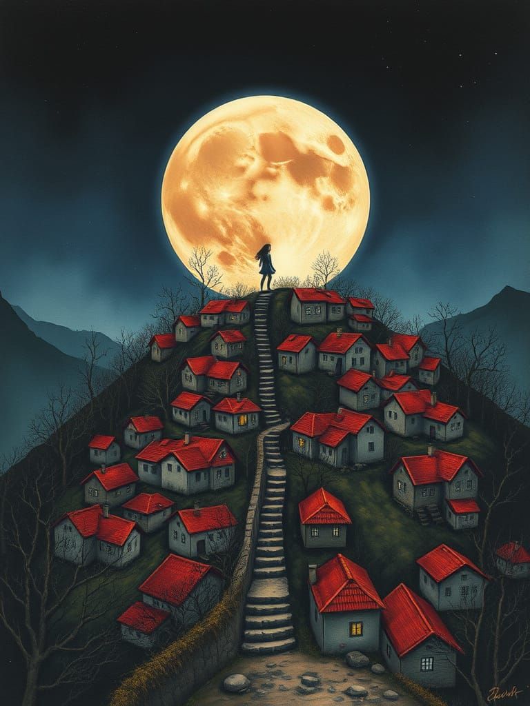 Surreal Naive Night Scene Under a Huge Red Moon