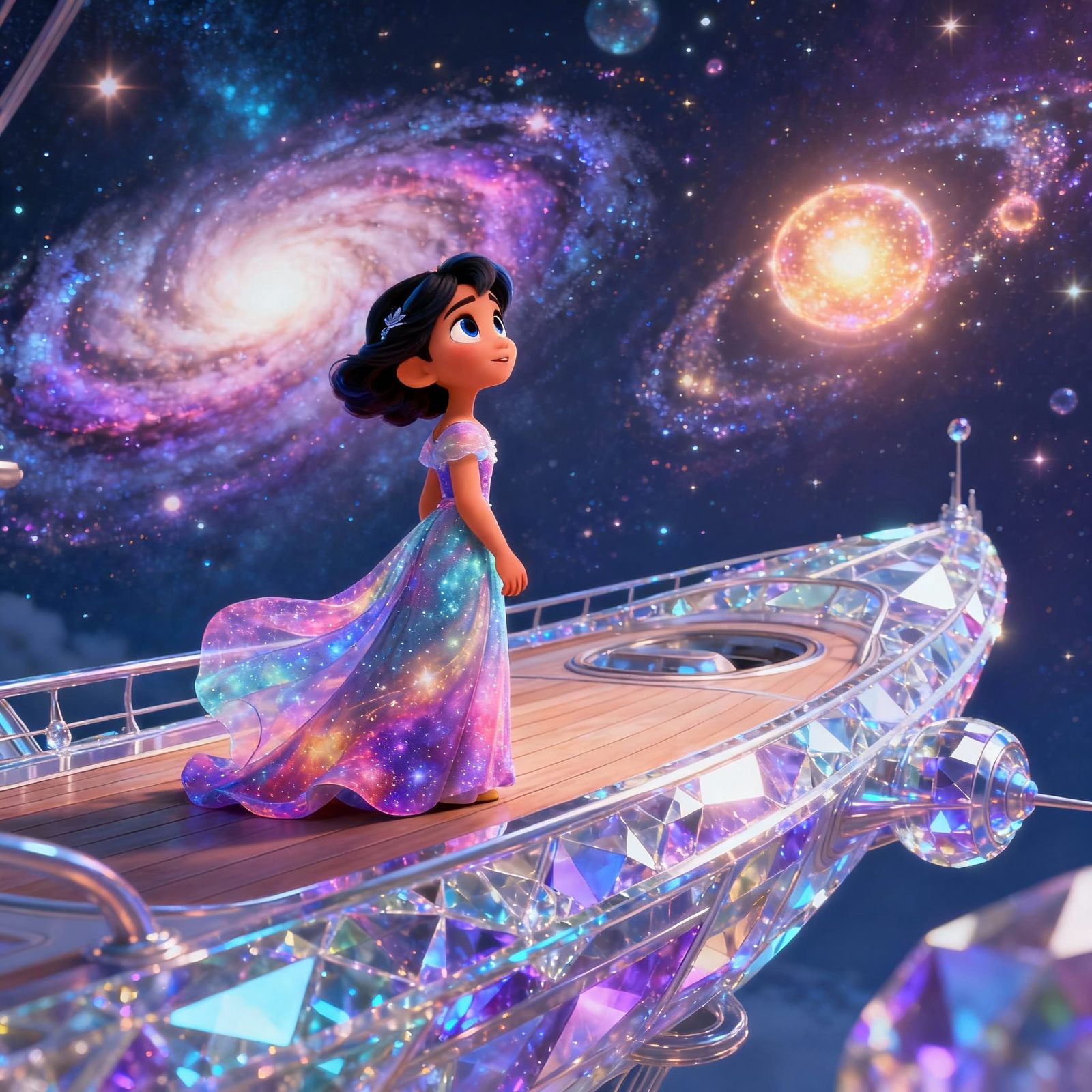 Girl in Cosmic Dress on Crystal Spaceship, Disney Cartoon St...
