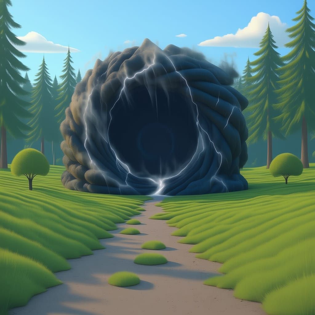 Creepy Portal in Storm Clouds Over Peaceful Meadow