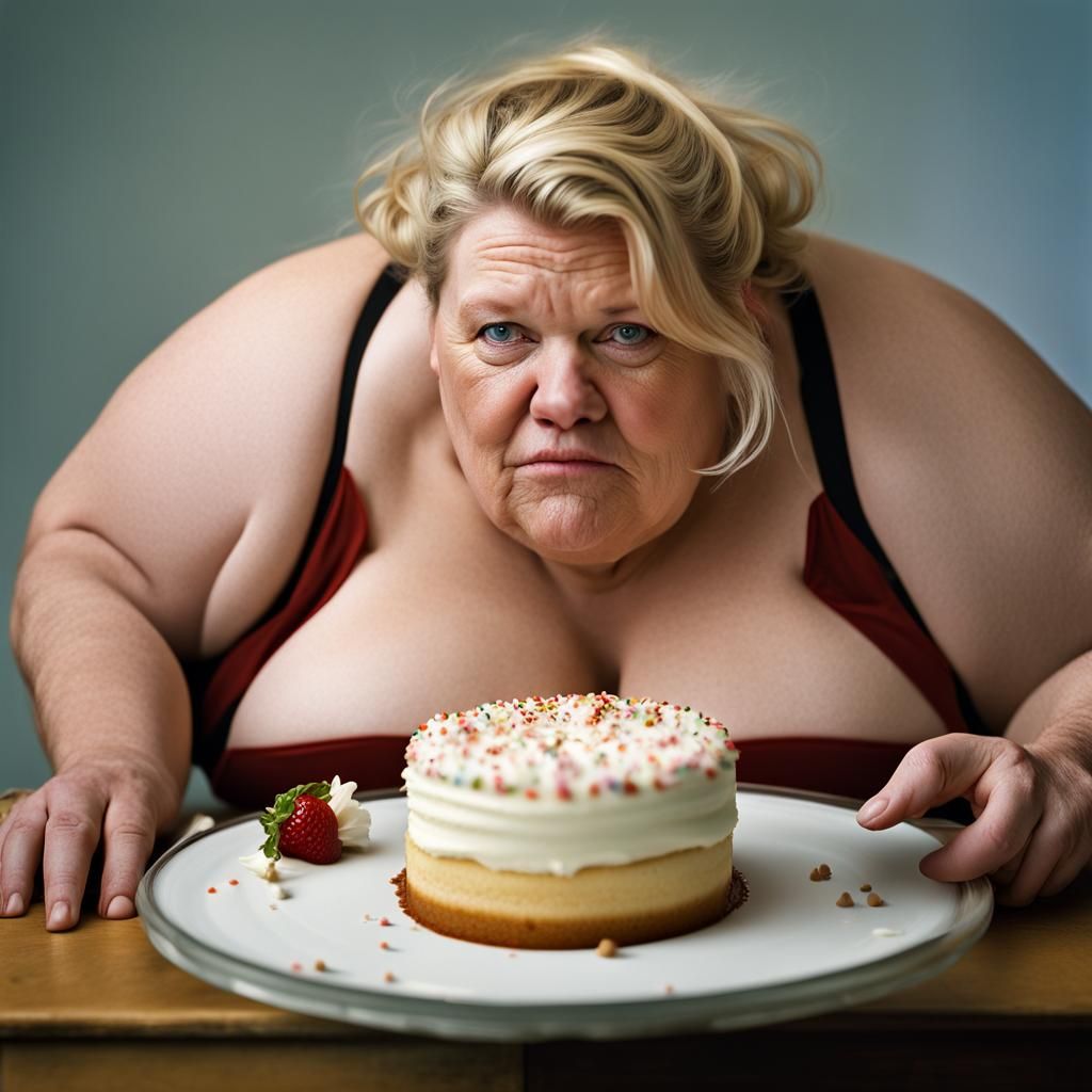 Pig-Faced Woman Eating Cake: Professional Color Portrait