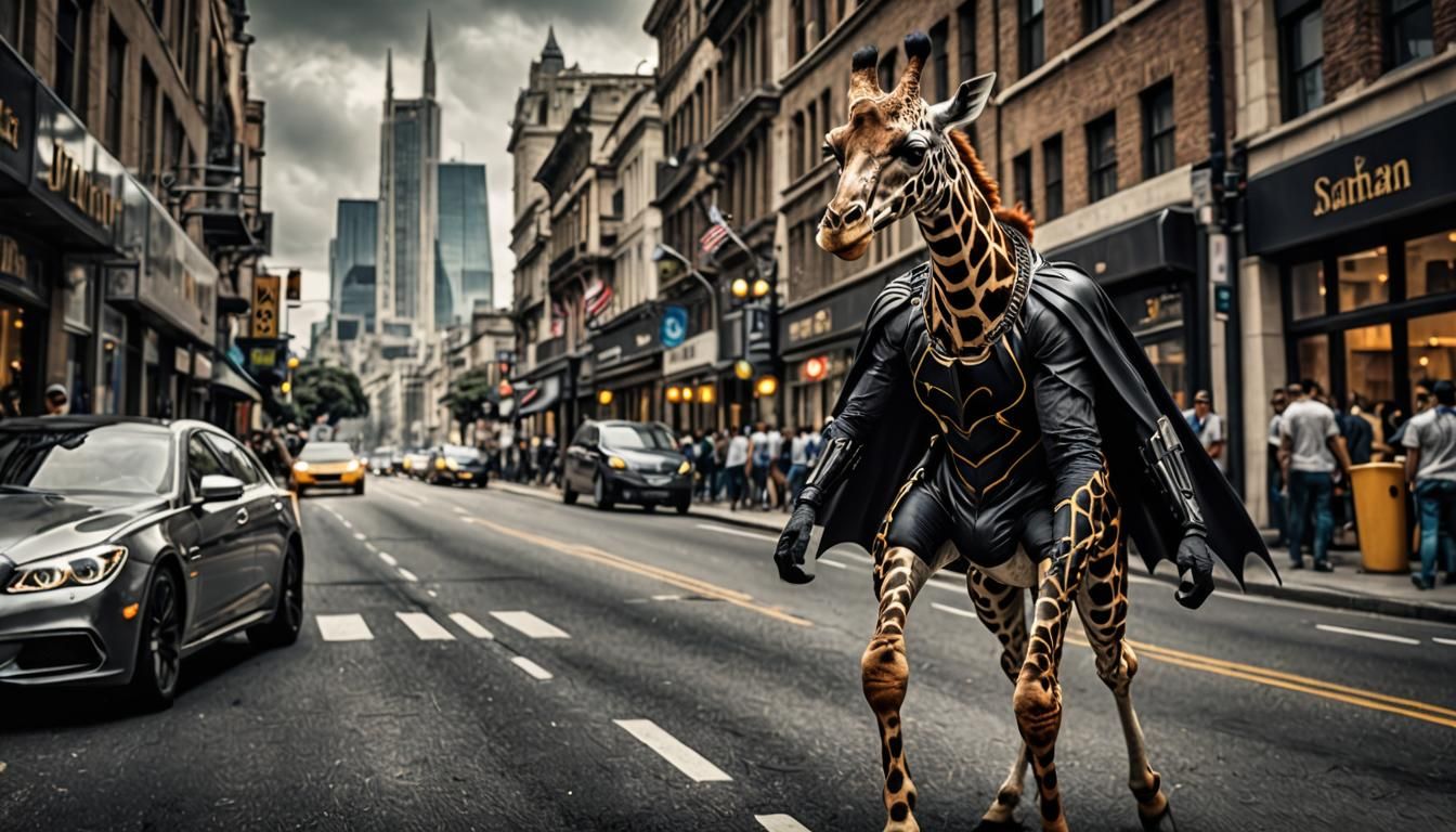 Batman Giraffe Races Through City in Hyperreal Detail