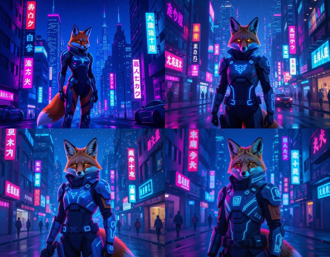 "Cyber ​​Fox Guardian"
Character: Cyber ​​fox with glowing armor

Scenery: Futuristic city at night with neon signs

Lig...