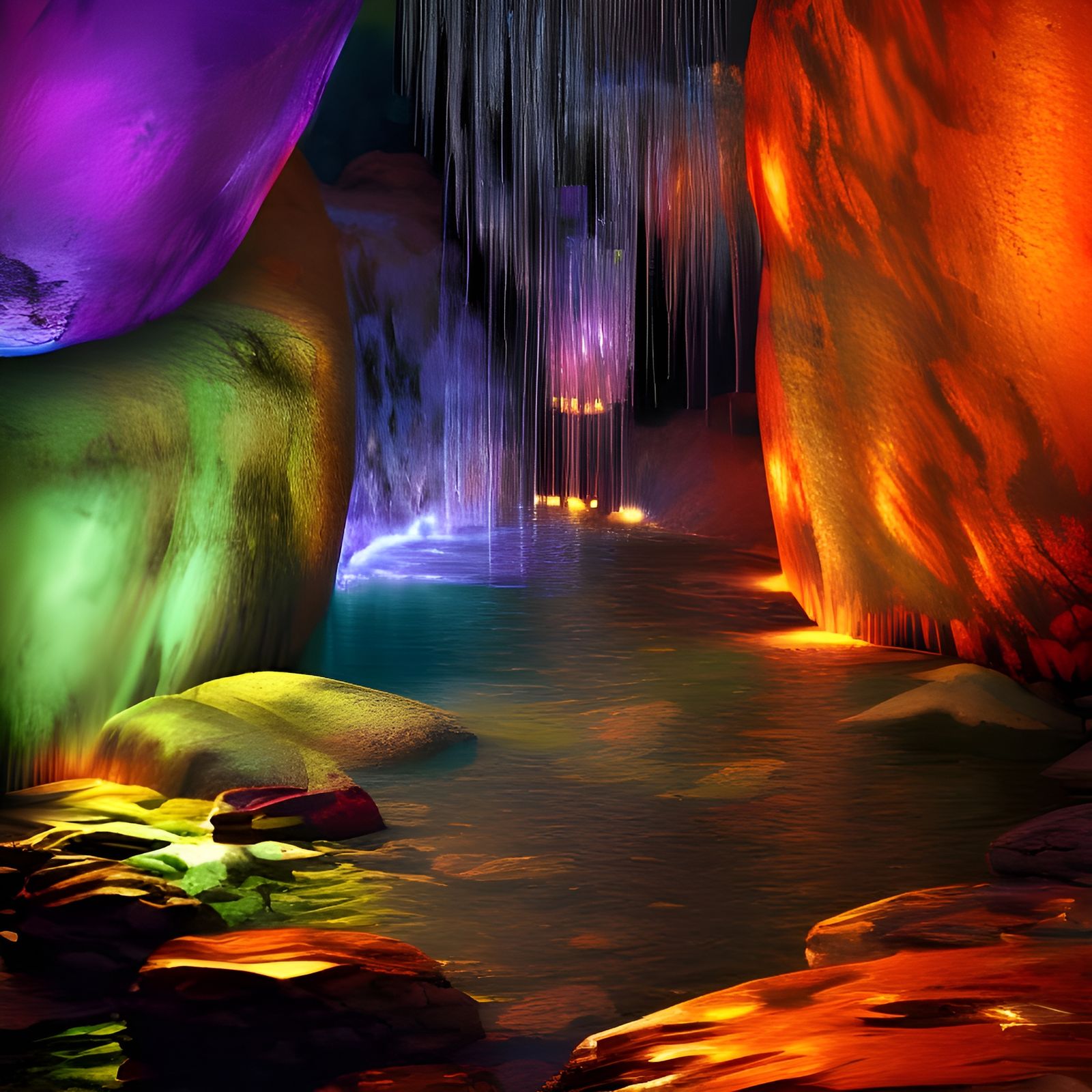 Bioluminescent Waterfall in Crystalline Cave