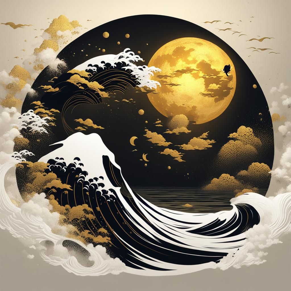 Whimsical Geisha Silhouette Before Golden Moon