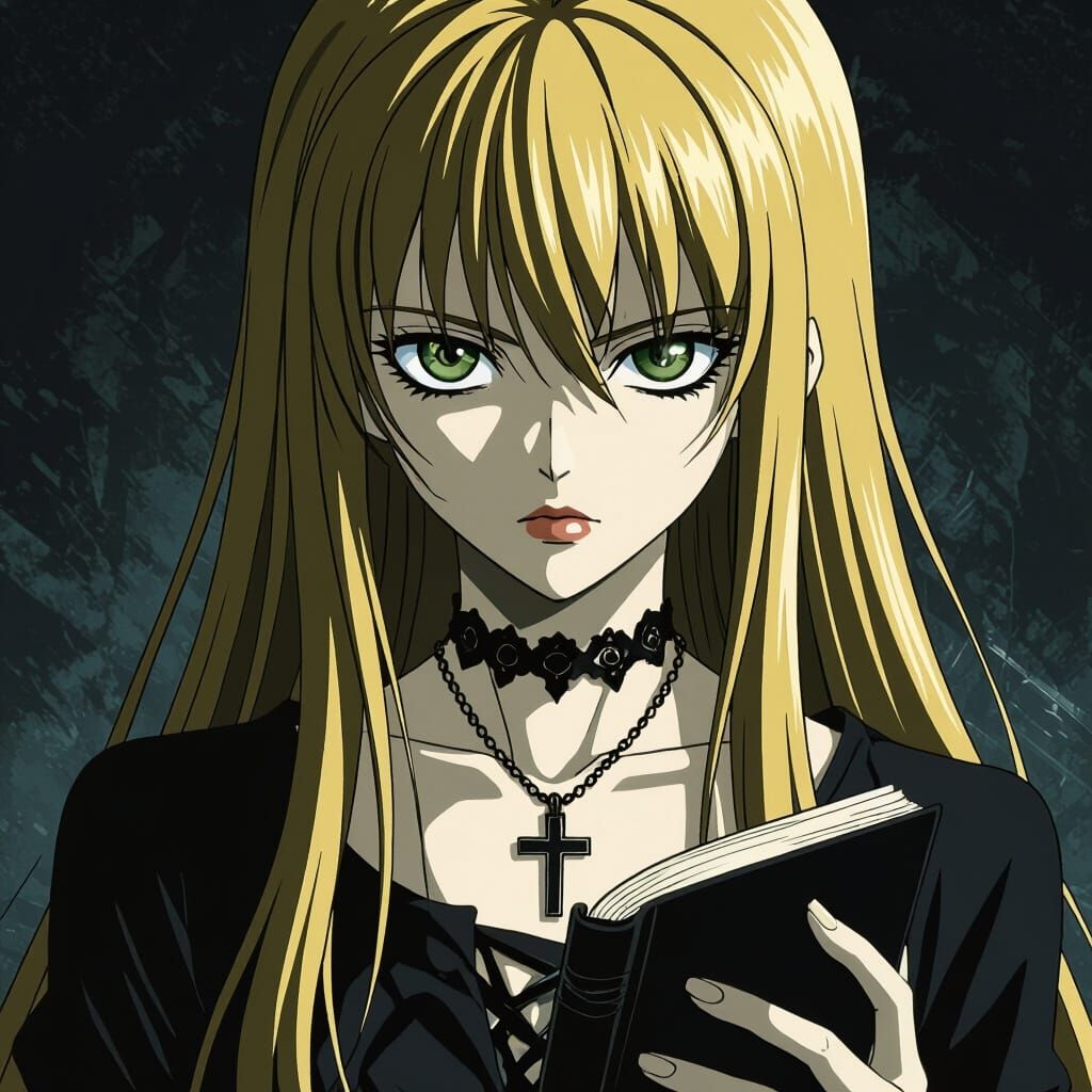 Mysterious Student Holds Death Note in Dark Anime Style