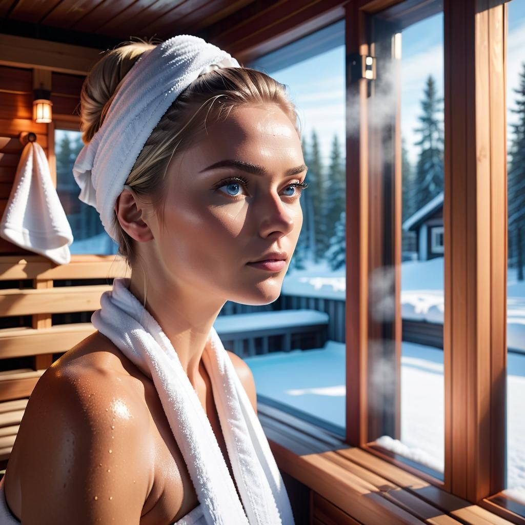 Finnish Woman in Sauna: Hyperrealistic Close-Up