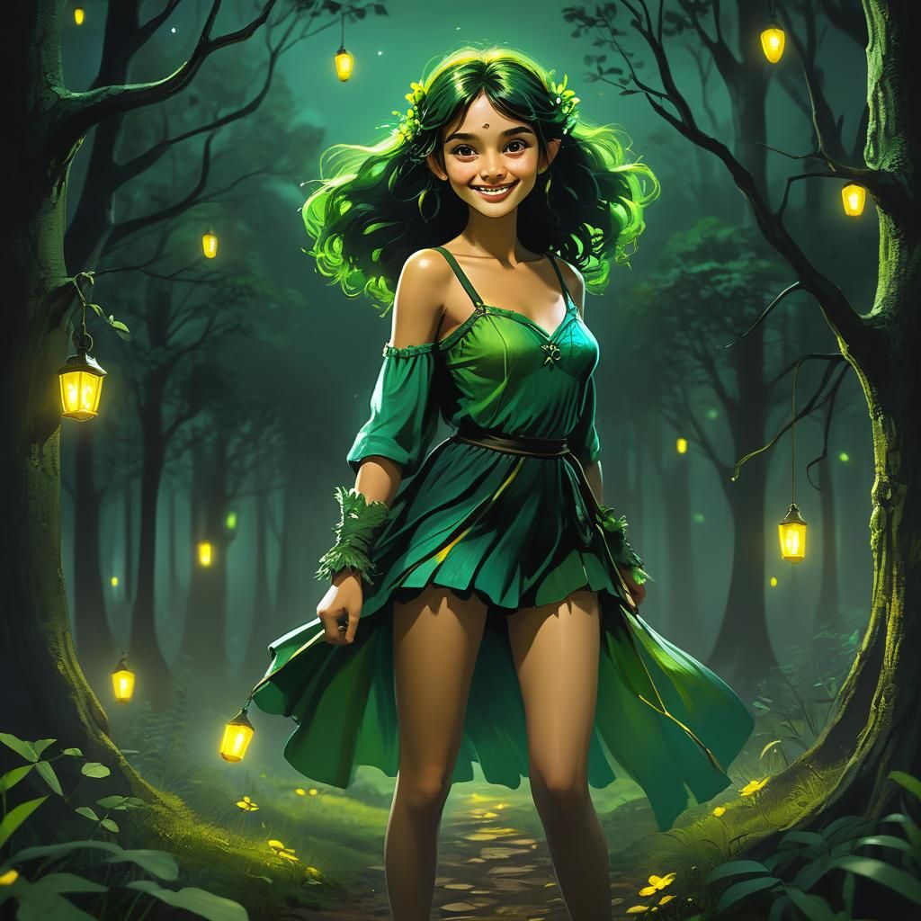 Green Fairy Girl Creates Sparks in Dark Forest