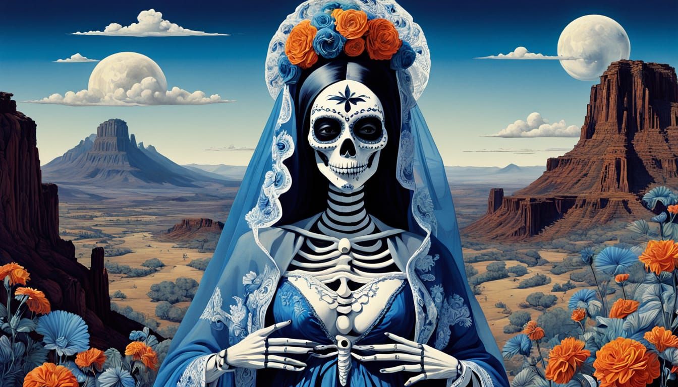 La Calavera Catrina with Devil Baby in Surreal Landscape
