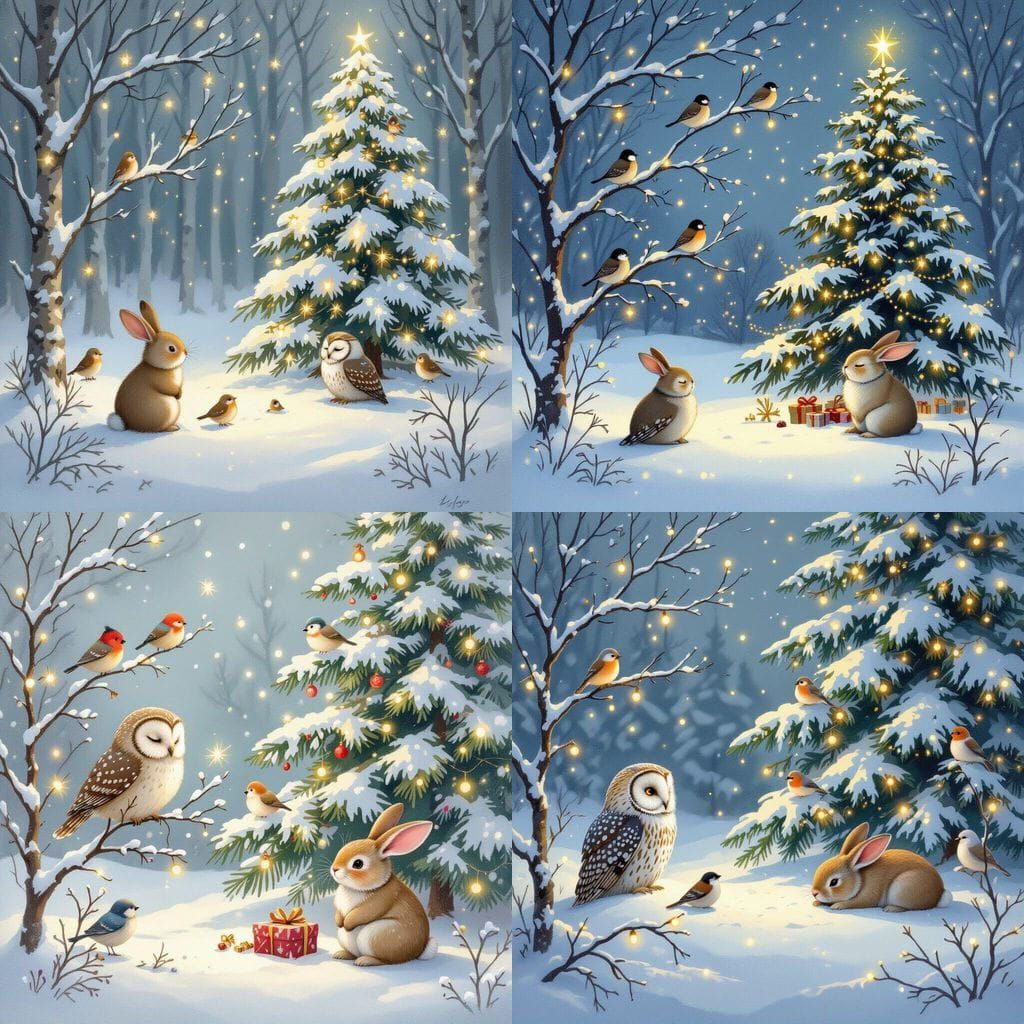 Magical Winter Scene: Owl Wishes by Snowy Christmas Tree