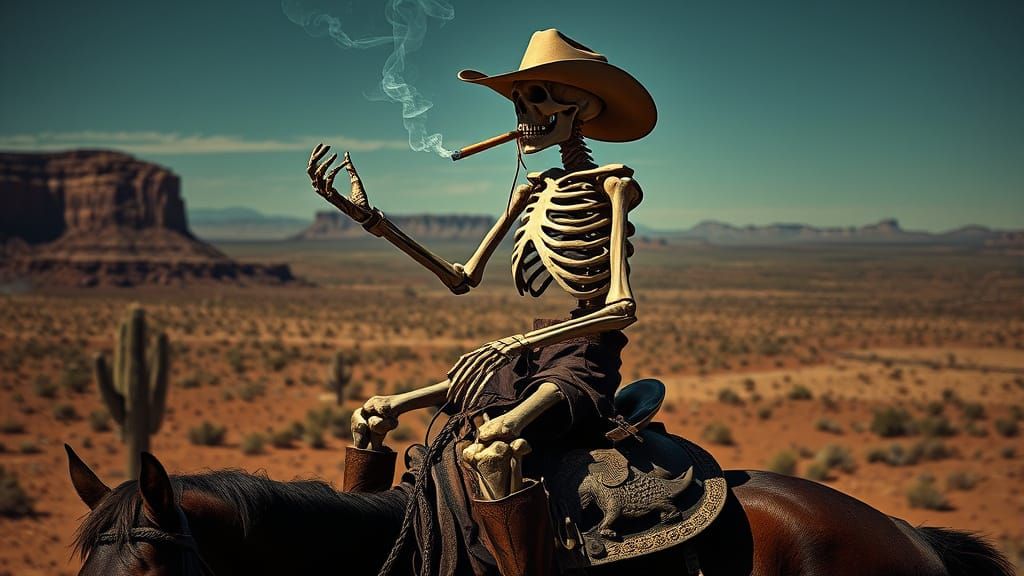 Gritty Cowboy Skeleton Rides Arizona Desert with Marlboro Ci...