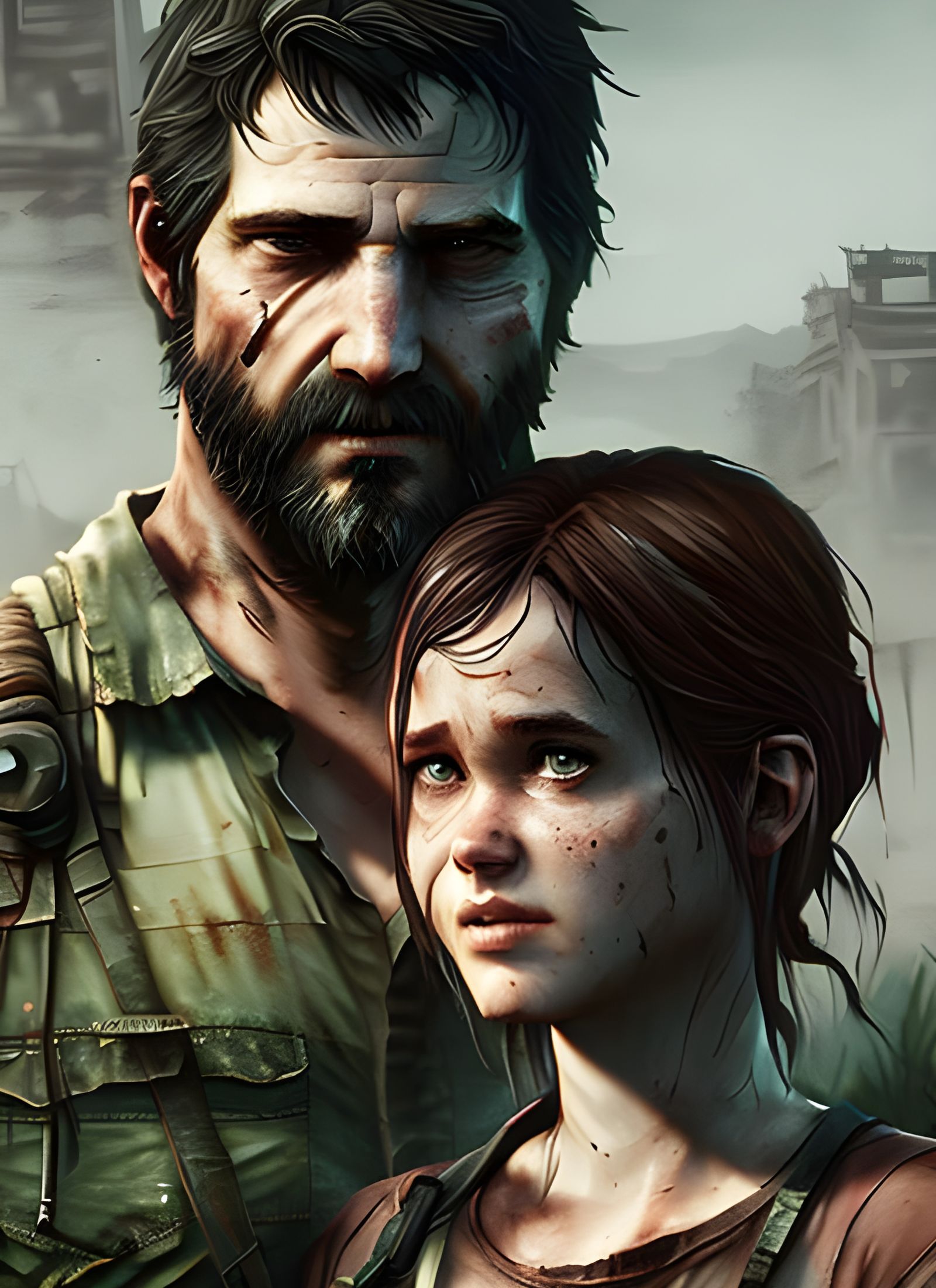 Joel and Ellie Portrait in Post-Apocalyptic Style