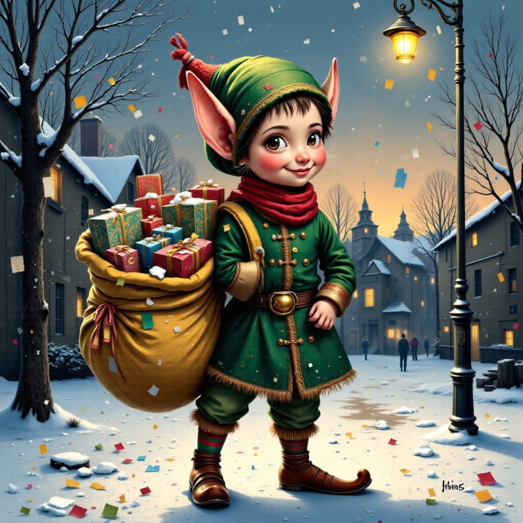 Christmas Elf Holding Presents in Snowy Village Square