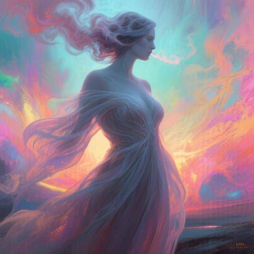 Ethereal Smoke Woman in Dreamlike Landscape
