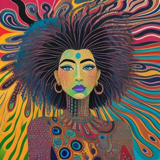 African Woman with Peacock Feathers: Abstract Expressionism