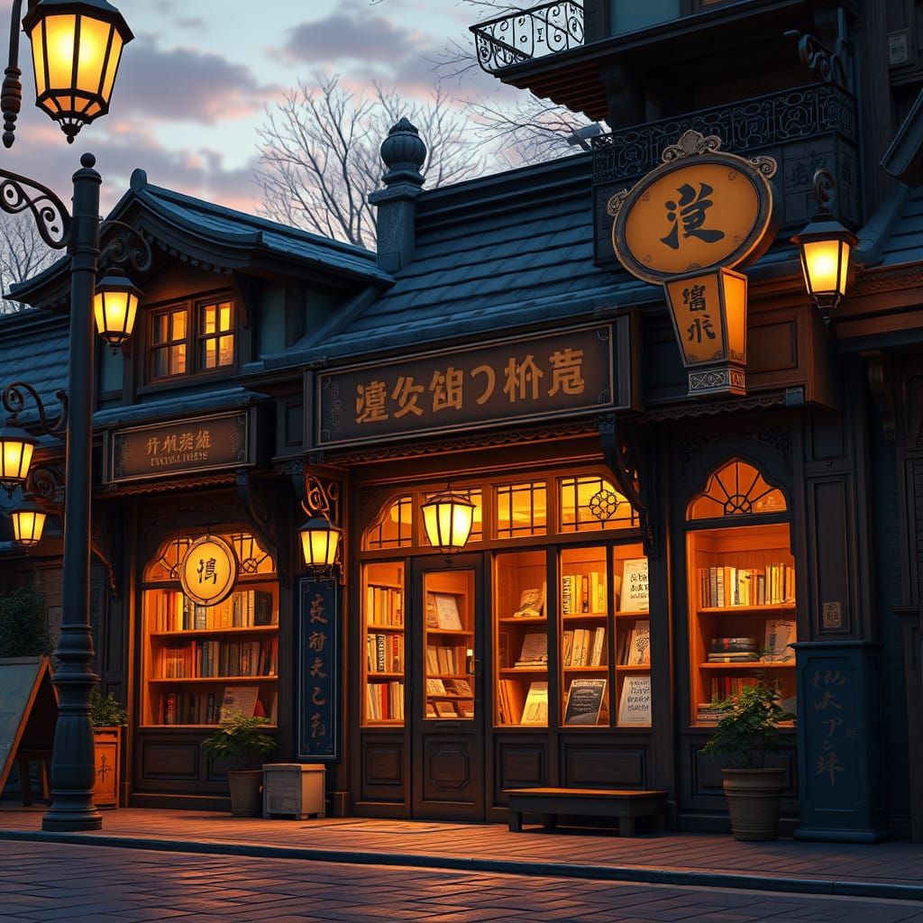 Whimsical Bookshop at Dusk in Concept Art Style