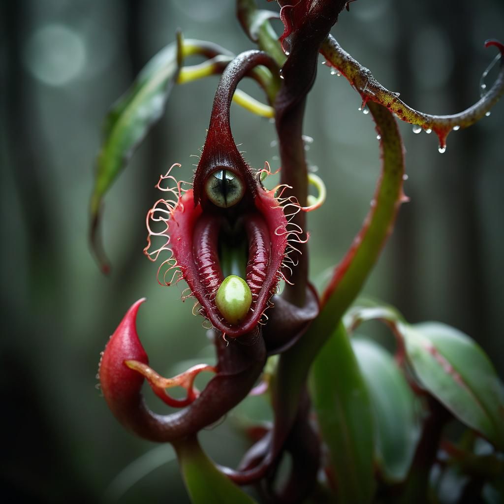 A 1980s analogue-style photograph of a Nepenthes plant that ...