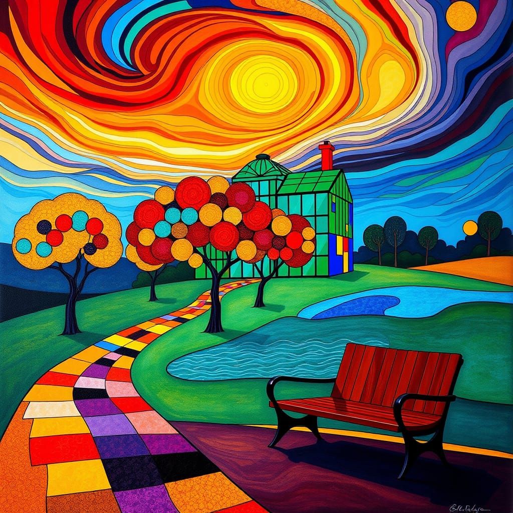 Vibrant Dreamlike Scene in Stylized Stained Glass Style