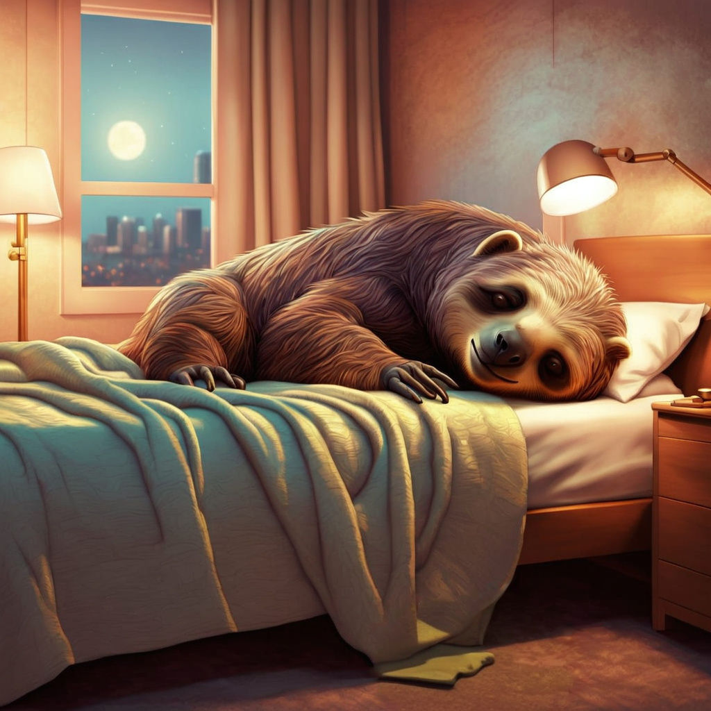Giant Robot Sloth Sleeping in Hotel Bed
