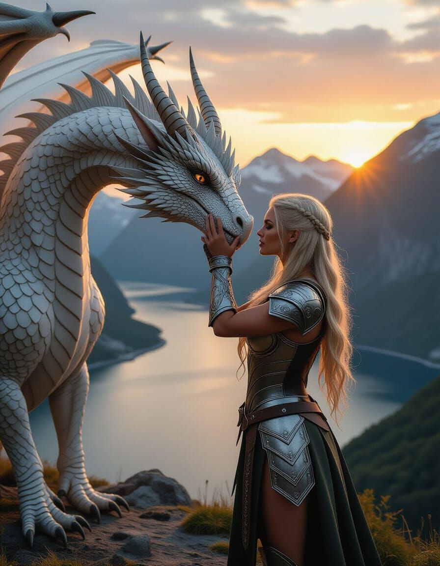 Viking Shield Maiden and Dragon Over Geirangerfjord