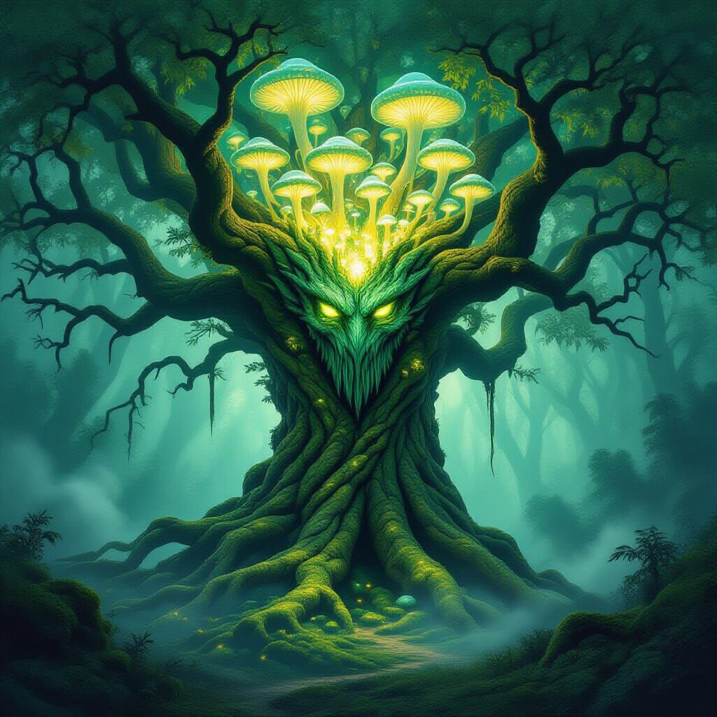 Ancient Tree Spirit with Emerald Leaves and Fungal Crown