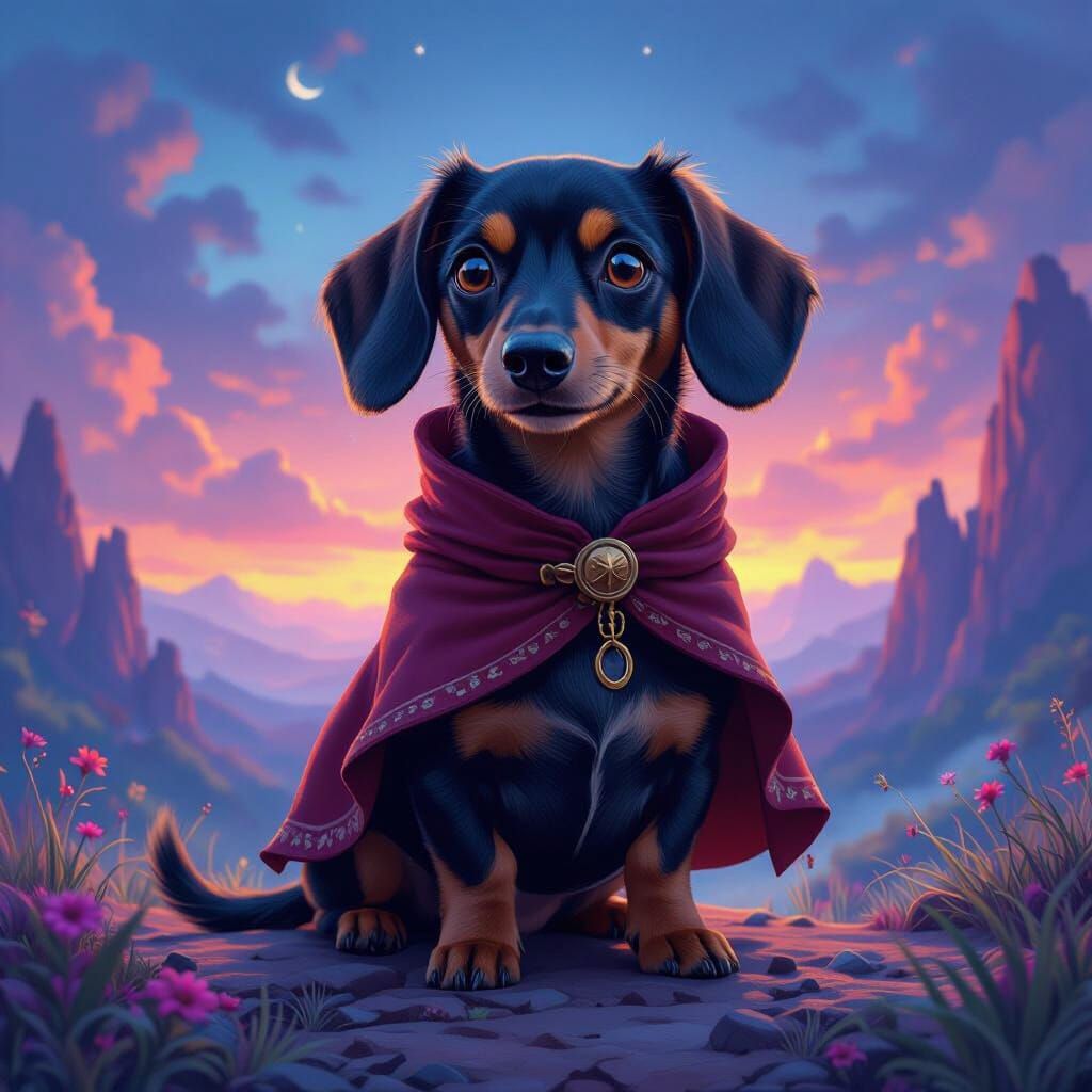 Dachshund-Chihuahua Mix in Mystical Landscape